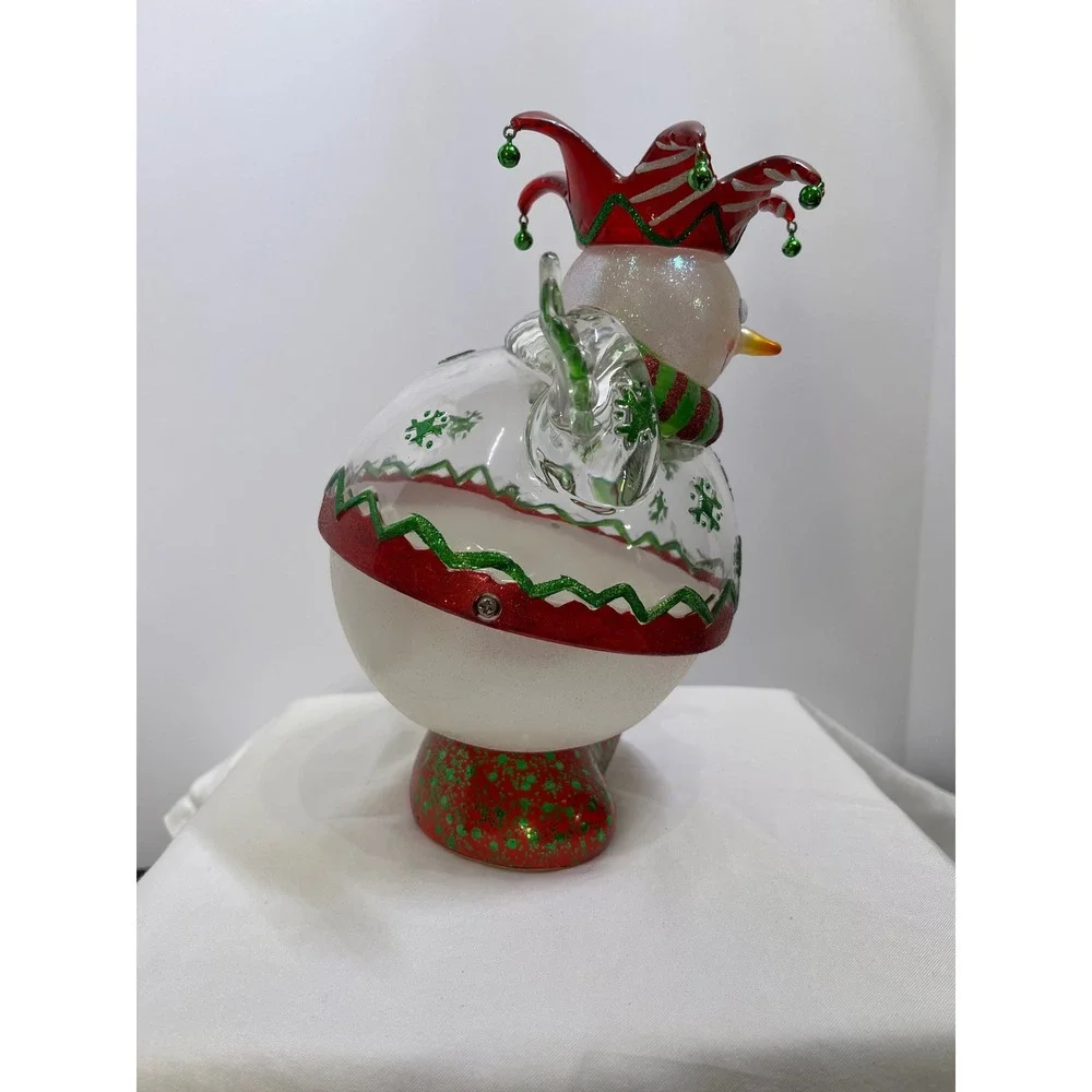 Snowman Jester Figurine Christmas Holiday Decor Glass Glitter Bells 9.5 Inch